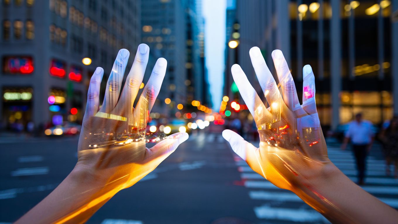 Коцентуальное изображение, символизирующее деперсонализацию Вид искажающихся рук на фоне города